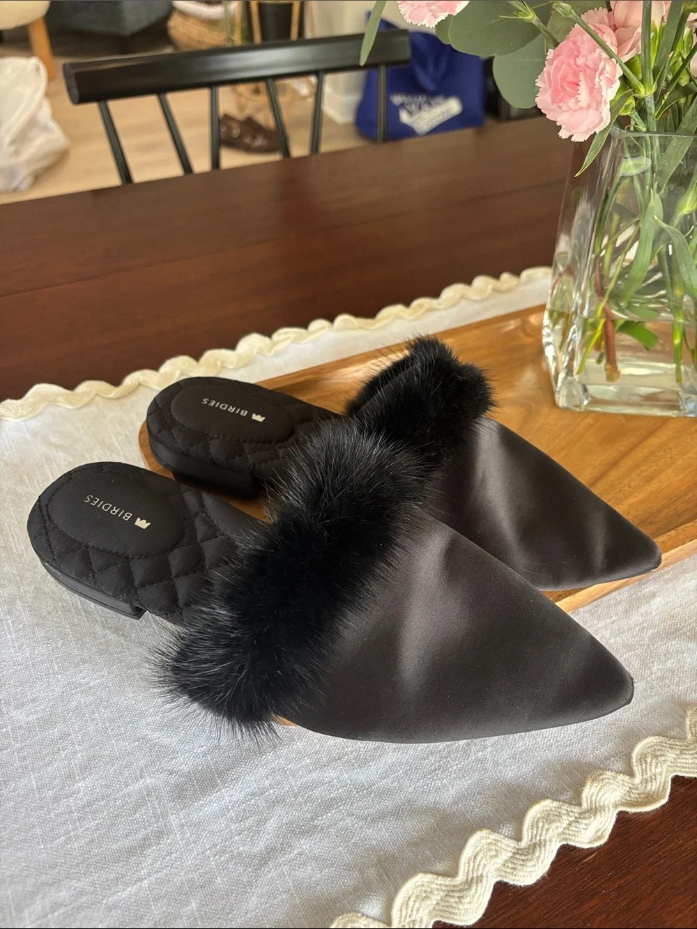 Birdies The Dove Onyx Black Mink Fur Womens Slip On Pointed Toe Mules  size 7